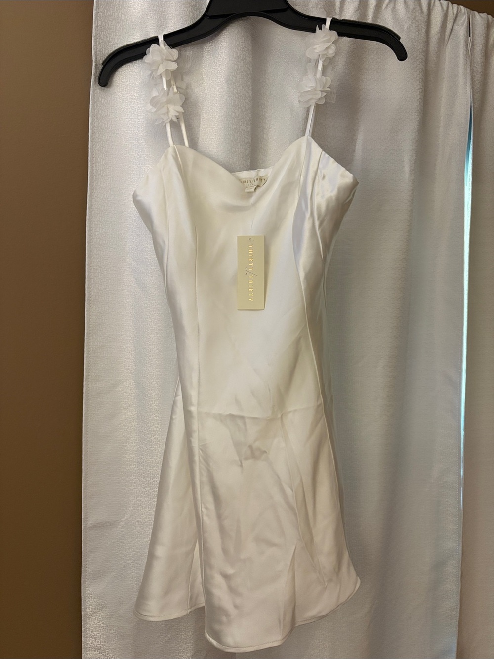Women's Satin Mini Dress with Floral Straps - White